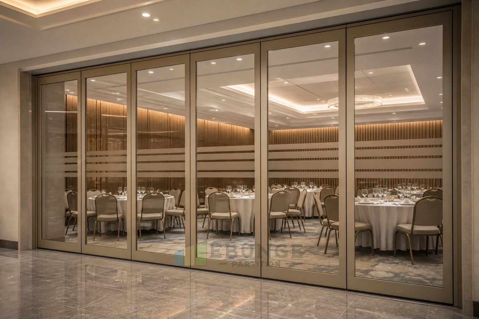 Movable Glass Walls for Hotel Conference Registration Suites — commercial application detail explanatory EBUNGE movable glass wall concept