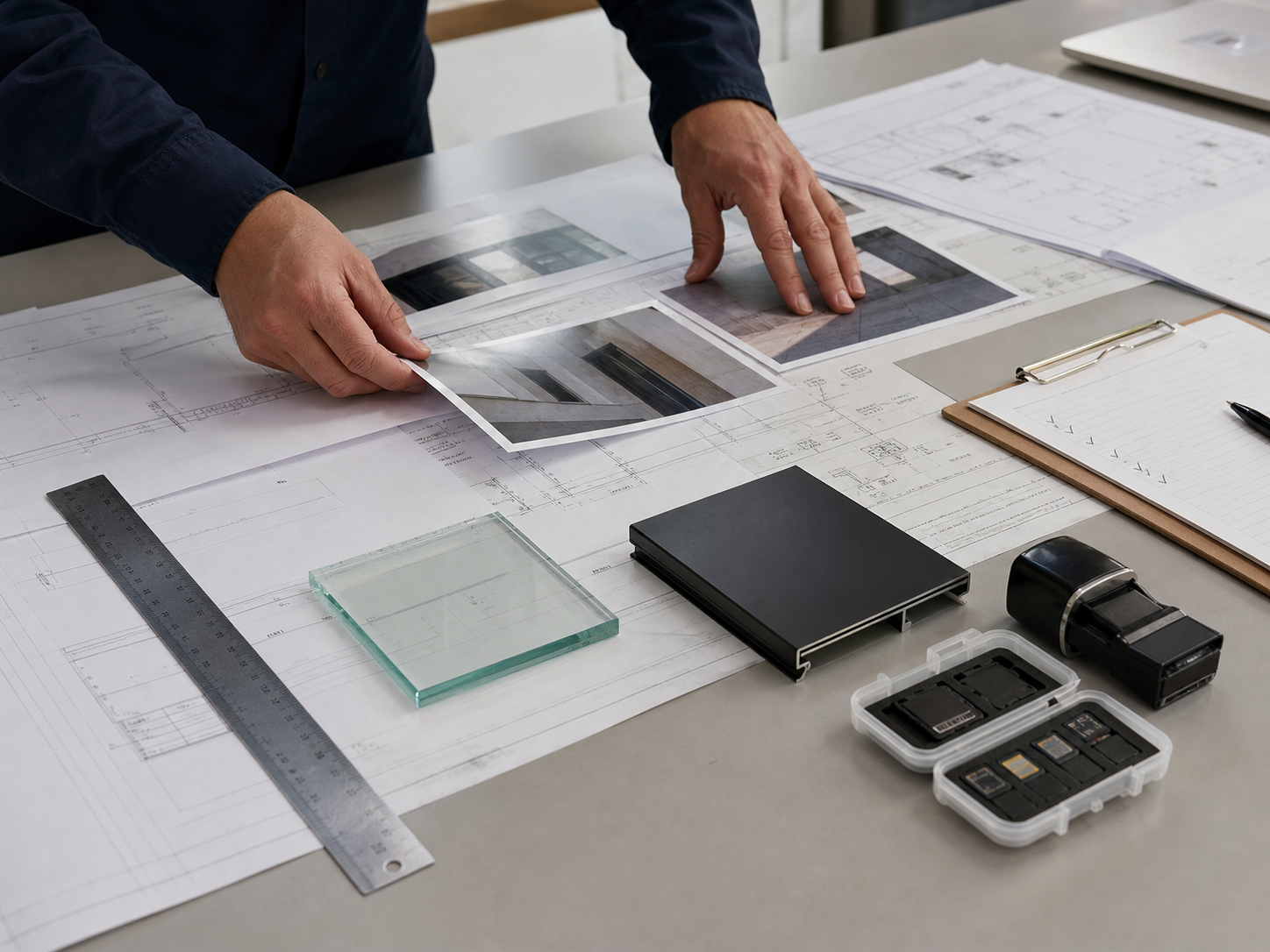 Illustrative project review evidence with drawings, photos and material samples